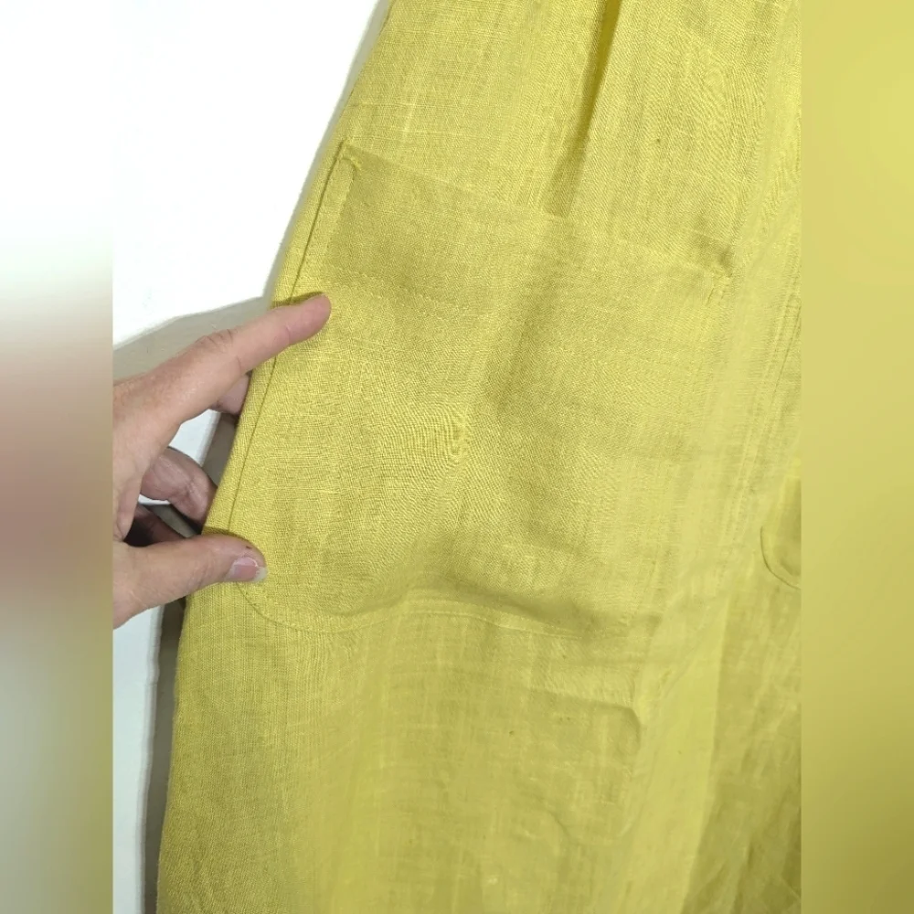 Yellow Sleeveless Linen Dress Pinafore Style Maxi With Pockets Art To Wear S Bib